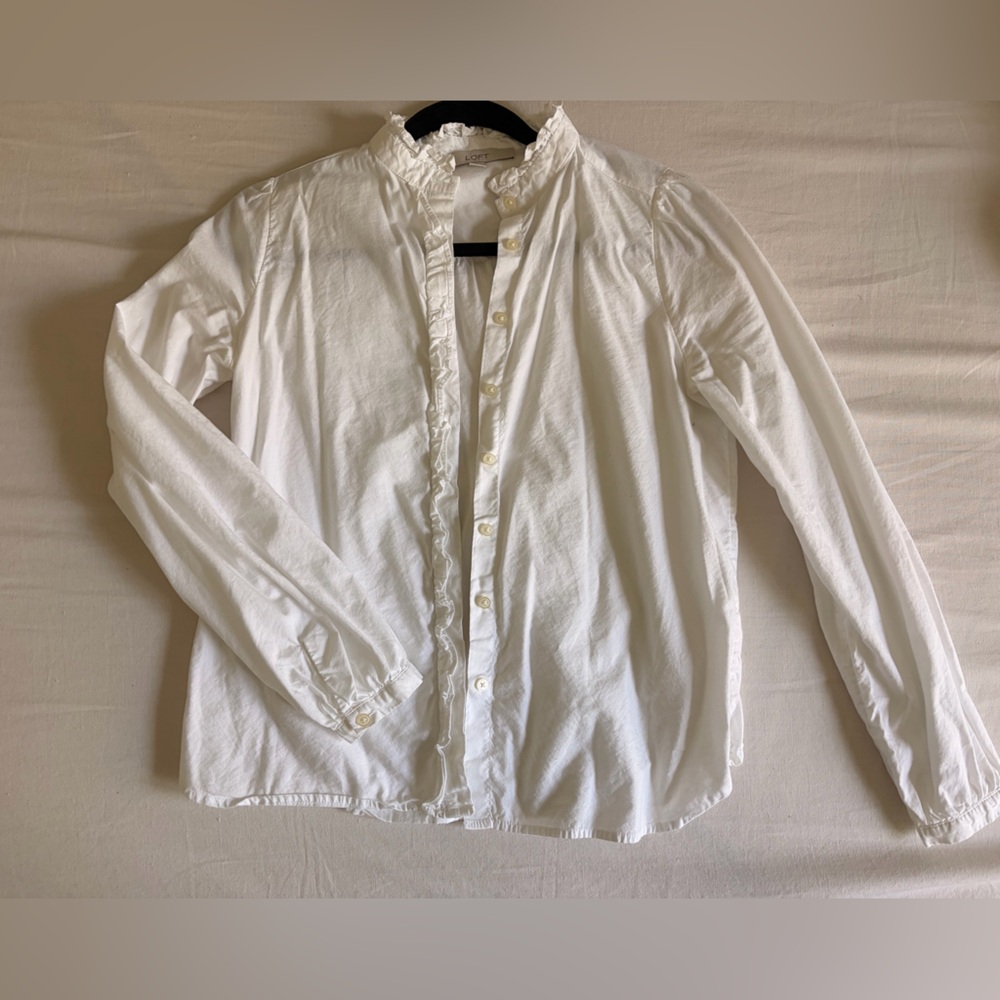 LOFT Ivory Ruffle Collar Blouse